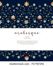 Vector vintage decor; ornate seamless border on black backdrop for design template. Eastern style element. Premium floral decoration. Illustration for invitation, card, wallpaper, web, background.