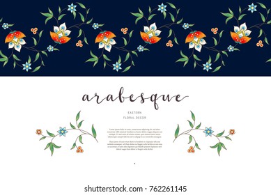 Vector vintage decor; ornate seamless border on dark backdrop for design template. Eastern style element. Premium floral decoration. Illustration for invitation, card, wallpaper, web, background.