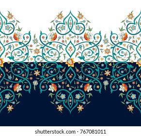Vector vintage decor; ornate seamless border on black backdrop for design template. Eastern style element. Premium floral decoration. Illustration for invitation, card, wallpaper, web, background.