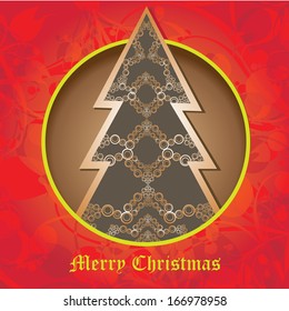 vector vintage decorative christmas tree on red christmas background / merry christmas card