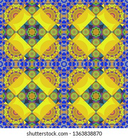 Vector vintage decorative elements. Abstract colorful seamless pattern. Ornament in orange, yellow and blue colors. Indian, Arabic, Turkish motifs for printing on fabric or paper.