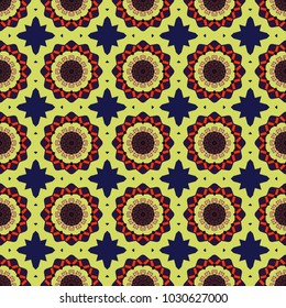 Vector vintage decorative elements in black, orange and blue colors. Islam, Arabic, Indian, ottoman motifs. Seamless pattern tile with mandalas. Perfect for printing on fabric or paper, textile.