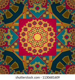 Vector vintage decorative elements. Indian, Arabic, Turkish motifs for printing on fabric or paper. Ornament in blue, pink and yellow colors. Abstract colorful seamless pattern.