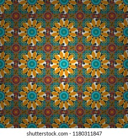 Vector vintage decorative elements. Indian, Arabic, Turkish motifs for printing on fabric or paper. Ornament in orange, blue and gray colors. Abstract colorful seamless pattern.