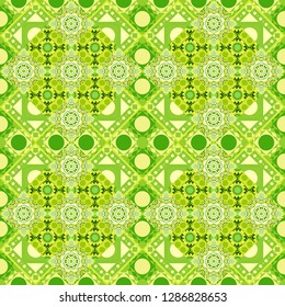 Vector vintage decorative elements. Indian, Arabic, Turkish motifs for printing on fabric or paper. Ornament in yellow, beige and green colors. Abstract colorful seamless pattern.
