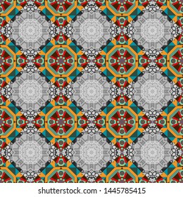 Vector vintage decorative elements. Indian, Arabic, Turkish motifs for printing on fabric or paper. Abstract colorful seamless pattern. Ornament in brown, gray and blue colors.