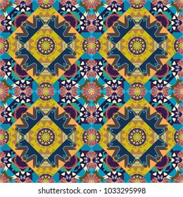 Vector vintage decorative elements. Ornament in blue, orange and gray colors. Indian, Arabic, Turkish motifs for printing on fabric or paper. Abstract colorful seamless pattern.