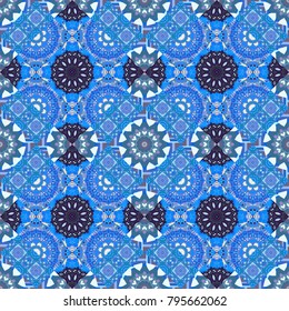 Vector vintage decorative elements in violet, blue and gray colors. Perfect for printing on fabric or paper, textile. Islam, Arabic, Indian, ottoman motifs. Seamless pattern tile with mandalas.