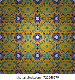 Vector vintage decorative elements in yellow, white and blue colors. Seamless pattern tile with mandalas. Perfect for printing on fabric or paper, textile. Islam, Arabic, Indian, ottoman motifs.