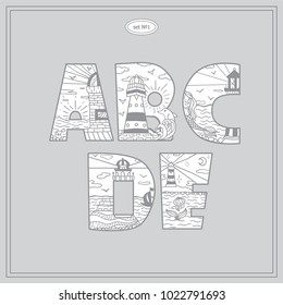 Vector vintage decorative type. Lighthouses bold letters for design, logo, monogram and more. Doodle arts with water, marine, ship, mermaid and other elements. Perfect for ornate stickers