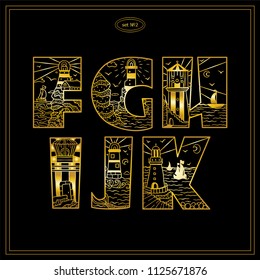 Vector vintage decorative type. Lighthouses bold letters for design, logo, monogram and more. Doodle arts with water, marine, ship, mermaid and other elements. Premium gold design