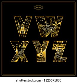 Vector vintage decorative type. Lighthouses bold letters for design, logo, monogram and more. Doodle arts with water, marine, ship, mermaid and other elements. Premium gold design
