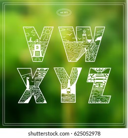 Vector vintage decorative type. Lighthouses bold letters for design, logo, monogram and more. Doodle arts with water, marine, ship, mermaid and other elements. Nature background  