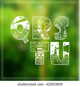Vector vintage decorative type. Lighthouses bold letters for design, logo, monogram and more. Doodle arts with water, marine, ship, mermaid and other elements. Nature background  