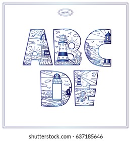 Vector vintage decorative type. Lighthouses bold letters for design, logo, monogram and more. Doodle arts with water, marine, ship, mermaid and other elements. Blue watercolor style