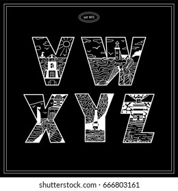 Vector vintage decorative type. Lighthouses bold letters for design, logo, monogram and more. Doodle arts with water, marine, ship, mermaid and other elements. Black and white colors