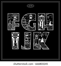 Vector vintage decorative type. Lighthouses bold letters for design, logo, monogram and more. Doodle arts with water, marine, ship, mermaid and other elements. Black and white colors