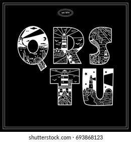 Vector vintage decorative type. Lighthouses bold letters for design, logo, monogram and more. Doodle arts with water, marine, ship, mermaid and other elements. Black and white colors