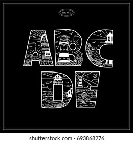 Vector vintage decorative type. Lighthouses bold letters for design, logo, monogram and more. Doodle arts with water, marine, ship, mermaid and other elements. Black and white colors