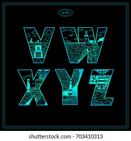 Vector vintage decorative type. Lighthouses bold letters for design, logo, monogram and more. Doodle arts with water, marine, ship, mermaid and other elements. Ocean blue color