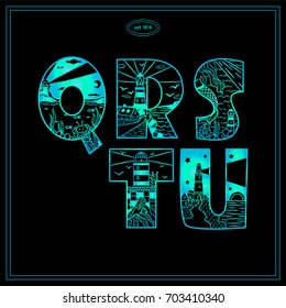 Vector vintage decorative type. Lighthouses bold letters for design, logo, monogram and more. Doodle arts with water, marine, ship, mermaid and other elements. Ocean blue color