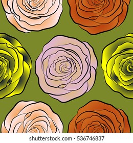 Vector vintage design. Abstract rose background in orange, neutral and yellow colors. Roses seamless pattern with flowers in Victorian style. Floral illustration. Bouquet of retro plants.