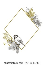 Vector vintage design for Christmas greeting card with conifers and birds. Florl frame with pine, spruce,  holly, rowan, fir, larch, juniper, tit. Black and white hand drawn sketch illustration.