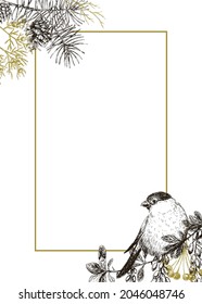 Vector vintage design for Christmas greeting card with conifers, winter berries and bird. Florl frame with pine, juniper, bullfinch. Black and white, golden hand drawn sketch illustration.