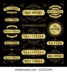 Vector vintage design elements. Premium quality labels, badges, logotypes, insignias, ornaments decorations, stamps, frames, sale signs best choice set. Retro style typographic flourishes elements. 