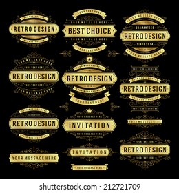 Vector vintage design elements. Premium quality labels, badges, logotypes, insignias, ornaments decorations, stamps, frames, sale signs best choice set. Retro style typographic flourishes elements. 