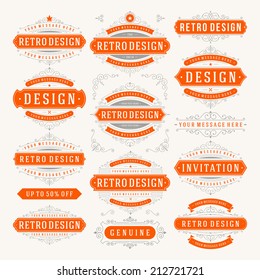 Vector vintage design elements. Premium quality labels, badges, logotypes, insignias, ornaments decorations, stamps, frames, sale signs best choice set. Retro style typographic flourishes elements. 