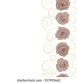 Vector vintage design. Floral sketch with copy space. Bouquet of retro plants. Abstract rose background in brown and yellow colors. Vertical roses seamless pattern with flowers in Victorian style.