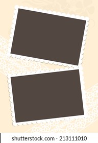 Vector vintage design with frames for photos and lace on pink background. Can be used as pages of scrap-book photo album for your photos.