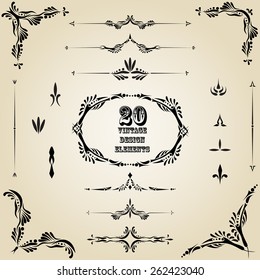 Vector vintage design label set. Retro premium decoration elements: floral elegant ornate old classic frame, border, corner, vignette for card, wedding invitation, greeting, banner.