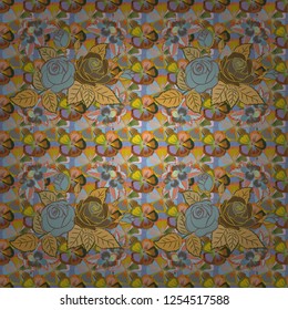 Vector vintage design. Roses seamless pattern with flowers in Victorian style. Abstract rose background in blue, yellow and brown colors. Bouquet of retro plants. Floral illustration.