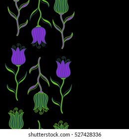 Vector vintage design. Tulips seamless pattern with flowers in Victorian style. Floral illustration. Abstract vertical tulip background in violet and green colors. Bouquet of retro plants.