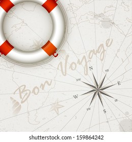 Vector vintage design - World map with wind rose and a lifeline. Travel background