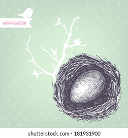 Vector vintage design for you Easter card or invitation with hand drawn bird nest illustrations on mint background