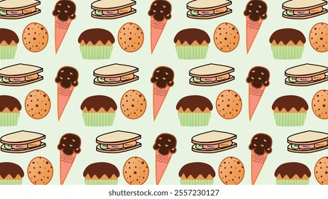 Vector vintage dessert food seamless pattern. Sweet pastry background illustration with bakery goods, dessert food wallpaper. Design texture, restaurant print. 