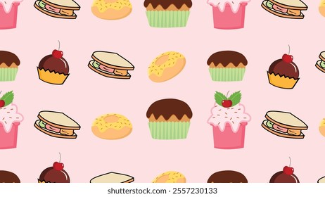 Vector vintage dessert food seamless pattern. Sweet pastry background illustration with bakery goods, dessert food wallpaper. Design texture, restaurant print. 