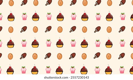 Vector vintage dessert food seamless pattern. Sweet pastry background illustration with bakery goods, dessert food wallpaper. Design texture, restaurant print. 