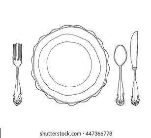 vector vintage dish plate fork and spoon hand drawn line art cute illustration