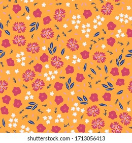 Vector vintage ditsy pattern with small flowers on yellow background. Seamless textile, fabric design in retro style. Floral print for spring summer fashion with flowers and leaves
