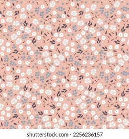 Vector vintage ditsy pattern with small flowers on pink background.