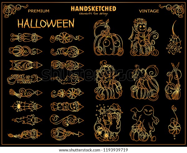 Vector vintage dividers, indexes, arrows, symbols\
in premium gold style. Halloween. Pumpkins and monsters tiny arts,\
icons for design. Cute illustration for logo, cards, Halloween\
party design