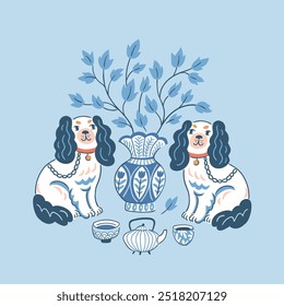 Vektorgrafik von Vintage-Hunden. Cavalier King Charles Spaniel, Bouquet und Teezeremonie in niedlicher handgezeichneter Form einzeln auf hellblauem Hintergrund. Lustige spaniel hund print design