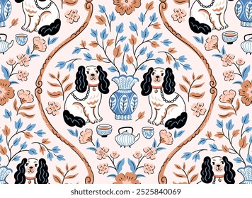 vector vintage dog seamless pattern. Cavalier king charles spaniel cute hand drawn style, chinese tea ceremony and bouquet on damask background. Funny spaniel dogs and chinoiserie decor.