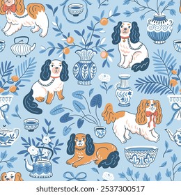 Vector vintage perro sin patrón. Cavalier rey charles spaniel lindo estilo dibujado a mano, ceremonia del té chino y ramos de flores sobre fondo azul. Patrón de perro spaniel divertido y decoración de chinoiserie.