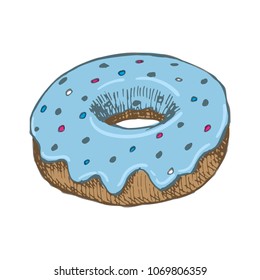 Vector vintage Donut drawing. Hand drawn color fast food illustration. Great for menu, poster or label.