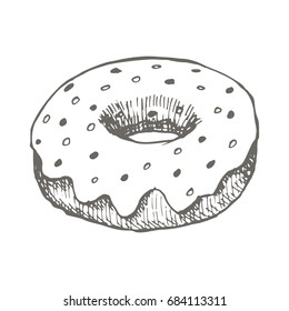 Vector vintage Donut drawing. Hand drawn monochrome fast food illustration. Great for menu, poster or label.